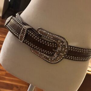 Nocona Brown Leather Studded Belt with Silver Buckle - S